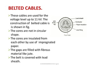 BELTED CABLES.
These cables are used for the
voltage level up to 11 kV. The
construction of belted cable is
is shown in fig.
The cores are not in circular
shape.
The cores are insulated from
each other by use of impregnated
paper.
The gaps are filled with fibrous
material like jute.
The belt is covered with lead
sheath.
K.KEDHEESWARAN M.Arch (gen)
 