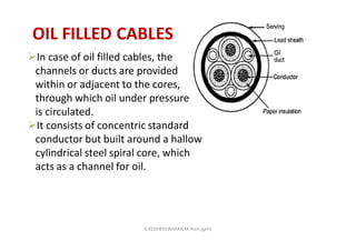 OIL FILLED CABLES
In case of oil filled cables, the
channels or ducts are provided
within or adjacent to the cores,
through which oil under pressure
is circulated.
It consists of concentric standard
conductor but built around a hallow
cylindrical steel spiral core, which
acts as a channel for oil.
K.KEDHEESWARAN M.Arch (gen)
 