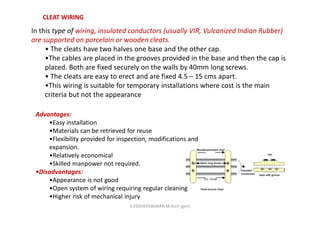 CLEAT WIRING
In this type of wiring, insulated conductors (usually VIR, Vulcanized Indian Rubber)
are supported on porcelain or wooden cleats.
• The cleats have two halves one base and the other cap.
•The cables are placed in the grooves provided in the base and then the cap is
placed. Both are fixed securely on the walls by 40mm long screws.
• The cleats are easy to erect and are fixed 4.5 – 15 cms apart.
•This wiring is suitable for temporary installations where cost is the main
criteria but not the appearance
Advantages:
•Easy installation
•Materials can be retrieved for reuse
•Flexibility provided for inspection, modifications and
expansion.
•Relatively economical
•Skilled manpower not required.
•Disadvantages:
•Appearance is not good
•Open system of wiring requiring regular cleaning
•Higher risk of mechanical injury
K.KEDHEESWARAN M.Arch (gen)
 