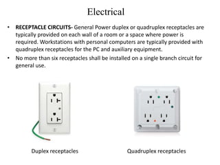 Electrical
• RECEPTACLE CIRCUITS- General Power duplex or quadruplex receptacles are
typically provided on each wall of a room or a space where power is
required. Workstations with personal computers are typically provided with
quadruplex receptacles for the PC and auxiliary equipment.
• No more than six receptacles shall be installed on a single branch circuit for
general use.
Duplex receptacles Quadruplex receptacles
 