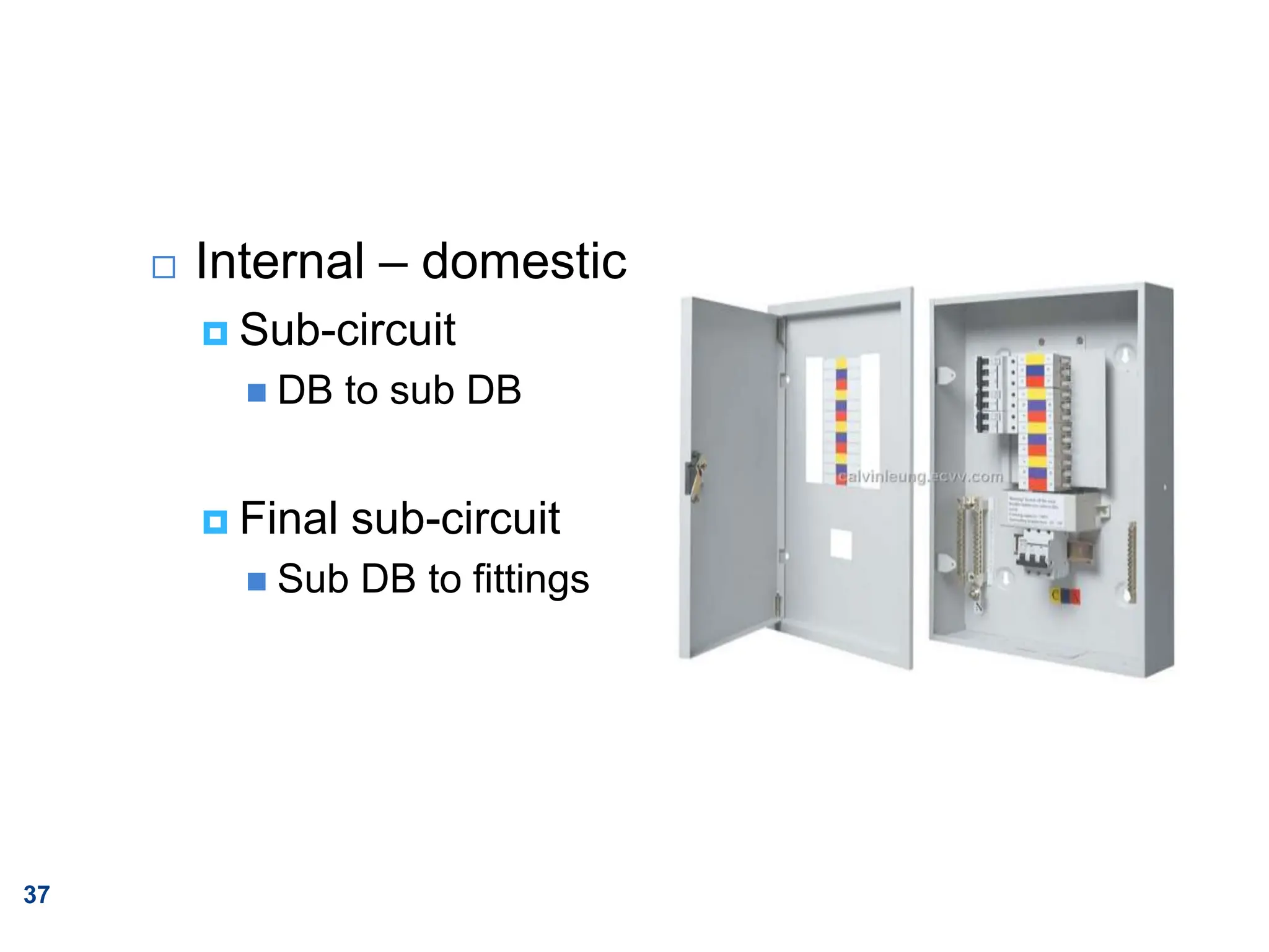 37
 Internal – domestic
 Sub-circuit
 DB to sub DB
 Final sub-circuit
 Sub DB to fittings
 