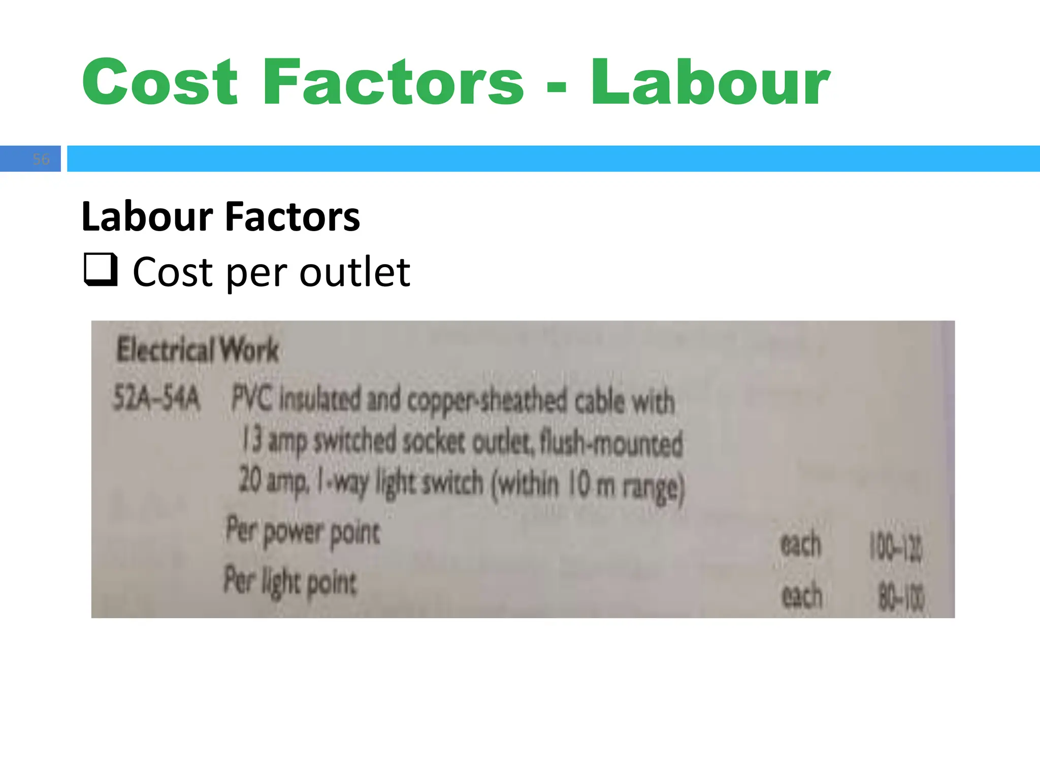 Cost Factors - Labour
56
Labour Factors
 Cost per outlet
 