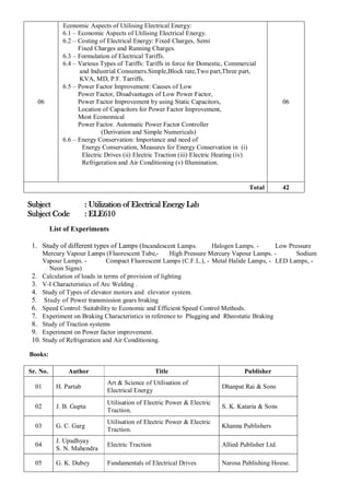 06
Economic Aspects of Utilising Electrical Energy:
6.1 – Economic Aspects of Utilising Electrical Energy.
6.2 – Costing of Electrical Energy: Fixed Charges, Semi
Fixed Charges and Running Charges.
6.3 – Formulation of Electrical Tariffs.
6.4 – Various Types of Tariffs: Tariffs in force for Domestic, Commercial
and Industrial Consumers.Simple,Block rate,Two part,Three part,
KVA, MD, P.F. Tarriffs.
6.5 – Power Factor Improvement: Causes of Low
Power Factor, Disadvantages of Low Power Factor,
Power Factor Improvement by using Static Capacitors,
Location of Capacitors for Power Factor Improvement,
Most Economical
Power Factor. Automatic Power Factor Controller
(Derivation and Simple Numericals)
6.6 – Energy Conservation: Importance and need of
Energy Conservation, Measures for Energy Conservation in (i)
Electric Drives (ii) Electric Traction (iii) Electric Heating (iv)
Refrigeration and Air Conditioning (v) Illumination.
06
Total 42
Subject : Utilization of Electrical Energy Lab
Subject Code : ELE610
List of Experiments
1. Study of different types of Lamps (Incandescent Lamps. Halogen Lamps. - Low Pressure
Mercury Vapour Lamps (Fluorescent Tube,- High Pressure Mercury Vapour Lamps. - Sodium
Vapour Lamps. - Compact Fluorescent Lamps (C.F.L.), - Metal Halide Lamps, - LED Lamps, -
Neon Signs)
2. Calculation of loads in terms of provision of lighting
3. V-I Characteristics of Arc Welding .
4. Study of Types of elevator motors and elevator system.
5. Study of Power transmission gears braking
6. Speed Control: Suitability to Economic and Efficient Speed Control Methods.
7. Experiment on Braking Characteristics in reference to Plugging and Rheostatic Braking
8. Study of Traction systems
9. Experiment on Power factor improvement.
10. Study of Refrigeration and Air Conditioning.
Books:
Sr. No. Author Title Publisher
01 H. Partab
Art & Science of Utilisation of
Electrical Energy
Dhanpat Rai & Sons
02 J. B. Gupta
Utilisation of Electric Power & Electric
Traction.
S. K. Kataria & Sons
03 G. C. Garg
Utilisation of Electric Power & Electric
Traction.
Khanna Publishers
04
J. Upadhyay
S. N. Mahendra
Electric Traction Allied Publisher Ltd.
05 G. K. Dubey Fundamentals of Electrical Drives Narosa Publishing House.
 