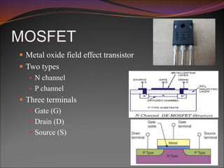 MOSFET
 Metal oxide field effect transistor
 Two types
 N channel
 P channel
 Three terminals
 Gate (G)
 Drain (D)
 Source (S)
 