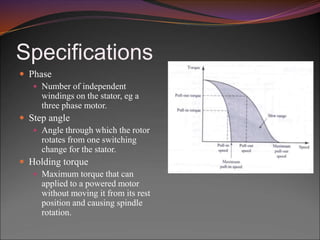 Specifications
 Phase
 Number of independent
windings on the stator, eg a
three phase motor.
 Step angle
 Angle through which the rotor
rotates from one switching
change for the stator.
 Holding torque
 Maximum torque that can
applied to a powered motor
without moving it from its rest
position and causing spindle
rotation.
 