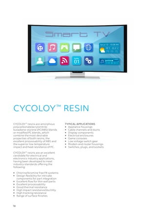 18 
CYCOLOY™
resins are amorphous
polycarbonate/acrylonitrile-
butadiene-styrene (PC/ABS) blends
or modified PC blends, which
combine the most desirable
properties of both resins; the
excellent processability of ABS and
the superior low temperature
impact and heat resistance of PC.
CYCOLOY™
resins are an excellent
candidate for electrical and
electronics industry applications,
having been developed to meet
industry standards offering the
following:
•	 Chlorine/bromine free FR systems
•	
Design flexibility for intricate
components for part integration
•	 Excellent flow for thin wall parts
•	 Excellent processability
•	 Good thermal resistance
•	 High impact resistance/ductility
•	 High tracking resistance
•	 Range of surface finishes
CYCOLOY™
RESIN
TYPICAL APPLICATIONS
•	 Appliance housings
•	 Cable channels and ducts
•	 Display components
•	 Electrical enclosures
•	 Game consoles
•	 Low voltage switch gear
•	 Modem and router housings
•	 Switches, plugs, and sockets
 