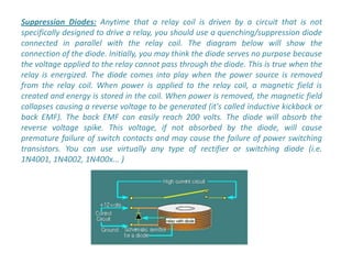Suppression Diodes: Anytime that a relay coil is driven by a circuit that is not
specifically designed to drive a relay, you should use a quenching/suppression diode
connected in parallel with the relay coil. The diagram below will show the
connection of the diode. Initially, you may think the diode serves no purpose because
the voltage applied to the relay cannot pass through the diode. This is true when the
relay is energized. The diode comes into play when the power source is removed
from the relay coil. When power is applied to the relay coil, a magnetic field is
created and energy is stored in the coil. When power is removed, the magnetic field
collapses causing a reverse voltage to be generated (it's called inductive kickback or
back EMF). The back EMF can easily reach 200 volts. The diode will absorb the
reverse voltage spike. This voltage, if not absorbed by the diode, will cause
premature failure of switch contacts and may cause the failure of power switching
transistors. You can use virtually any type of rectifier or switching diode (i.e.
1N4001, 1N4002, 1N400x... )
 