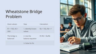 Wheatstone Bridge
Problem
Given values: Step Calculation
R1 = 10Ω, R2 =
20Ω
1. Identify known
values
Ra = 15Ω, Rb = ?
The bridge is
balanced
2. Use the
balance equation
R1/R2 = Ra/Rb
3. Solve for Rx
 