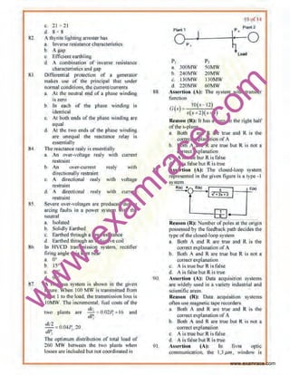 w
w
w
.exam
race.com
82.
83
84
85
86
S7
c. 21• .21
d. 8 ~ 8
Achyrite llghtlng arresterhas
a, Inverse resistance characterislics
b. A!!BP.
c Eflicienl earthliug
d 1 combination of inverse resistance
cbaracterisiics and gap
D1fferenti11J proceccion of a gent>rncor
makeS use of the principal thac under
normal conditions, the currentlcurrencs
a. AI tbe neutral end of a pbase winding
iszero
b. In each of che plase winding is
identical
c. AI b01h ends of che phase winding arc
eq1cal
d At che two ends of the phase winding
are uclequal the re<tCillllCe relay is
".:;senlially
The reactance realy isessentially
a. An over-voltage reilly with currenc
restrafnL
b An over-currenl realy wi1h
directionally rescraint
c, A directional realy with voltage
re5rainc
d 1 directional realy wilh currenl
restraint
Severe ovar-vohagcs arc produced during
arcins faults in a power system with che
neutrnl
a lsolated
b. Solidly EatthO!tl
c. Eanhed through a low resistanc<l
d Earthed through an inductive coil
In HVCD transmission sys1em, reGiifier
!iring angle Q' is ~-ept near
a, o•
b 15°
c. ~o·
d. 909
II two-bus syscem is sh11wn in the l,.fven
fil!'fTe. When I00 MW is rranST11itted frOTJl
piMI l to the load, tbe trausmissiotl loss is
JO.MW. l11e incremental: fueJ costs of~~~
two planes are de, =0.02/l• IG 1111d
tiP,
de:! =0.041~ 20 .
"'~rhe optimum distribution of rotal load of
260 MW between the two plants when
losses are included but no! coordinated is
88.
89
90,
01
IIJ o( I I
PQI.,,,~~~~~--------_,~.P, r•·~
p
'
Lood
p, p,
a JOOMW SOMW
li. 240MW 20MW
c.. 130MW I30MW
d. .220MW 60MW
Assertion (A): The sys1em wldt IIansfer
furtction
l7(x)= lO(s-12)
.v(.r-+1)(s+3)
Reuson (R): lt has ~. zero ill' the right halF
ofches-plane.
a. Both A and It11l'C t.rue and It is the
correcc e.~planat1on ofA
b. Both A and R a.re m•e but R is not a
corrwte>.-planation
c A is uue burR is false
d. A is fl!lse but Ris true
Assertion (A): The c;losed-loop system
represented in che given figure fs a type -1
svstem.
- R(;) +O E(o) C(a)
.-..... . • 5
L:'-1---...JR"'e-·a_s_o_n-;(R~): Number ofpoles at the origin
possessed by the feedbacll path decides tl1e
type oftho clo$<!d-loop systtm
a. Both 1 and R are true and R is che
correct e.xplanatJon ofA
b. Both A and R are 1nce but R is not a
oorrec• explanation
c. A is tnae burR is false
d. A is false. but R is crue
issertion (A): Data •CilUisition systems
are widely usO!tl in a variety industrial and
sciemifie areas.
Rtason (R): Data acquTsition syscems
often use magnelic tape:recorders,
a. Both A and R are 'true and R is the
coc·rcct explanation of A
b. Both A and R are true but R i~ no~ a
correct e>~planac1on
c. A is cruc burR is false
d. A isfalso btct R is tn1e
Assertion (A): In livre optic
romruuuiCati01~ clce I.3/lm. wiudow is
www.examrace.com
 