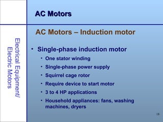 18
AC MotorsAC MotorsElectricalEquipment/
ElectricMotors
AC Motors – Induction motor
• Single-phase induction motor
• One stator winding
• Single-phase power supply
• Squirrel cage rotor
• Require device to start motor
• 3 to 4 HP applications
• Household appliances: fans, washing
machines, dryers
 