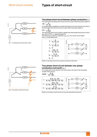 15
Short-circuit currents Types of short-circuit 0
Two-phase short-circuit between phase conductors(fig.1)
The value of the two-phase short-circuit current at a point within the power system is:
In a power system supplied by a transformer (fault far from the sources), the value of
the two-phase short-circuit current at a point within the power system is:
The two-phase short-circuit current is weaker than three-phase short-circuit current,
by a ratio of 3/2, i.e. approximately 87%.
If the fault occurs close to a generator (Z2 ≤ Z1), the current can be higher
than in a three-phase fault.
Two-phase short-circuit between two phase
conductors and earth (fig. 2)
For a solid short-circuit (fault far from the sources), the value of the two-phase-
to-earth short-circuit is:
DE57221EN
Fig. 1. Two-phase short-circuit clear of earth.
ZN
Ik2
Zsc
Zsc
Zsc
U
DE55224EN
Model of a two-phase short-circuit using the symmetrical components.
Ik2
U
Z1 Z2+
------------------=
Ik2
U
2 Zsc•
--------------------=
I1
E
Z1 Z2 Z+ +
-----------------------------=
I2
E–
Z1 Z2 Z+ +
-----------------------------=
I0 0=
V1
E Z2 Z+( )
Z1 Z2 Z+ +
-----------------------------=
V2
E Z2•
Z1 Z2 Z+ +
-----------------------------=
V0 0=
I1
V1
I2
V2
I0
V0
Z1
Z2
Z0
E
Z
DE57222EN
Fig. 2. Two-phase-to-earth short-circuit.
ZN
IkE2E
Ik2E
Zsc
Zsc
Zsc
U
DE55225EN
Model of a two-phase-to-earth short-circuit using the symmetrical components.
IkE2E
3 U•
Z1 2Z0+( )
---------------------------=
I1
E Z2 Z0 3Z+ +( )
Z1 Z2• 3Z Z0+( ) Z1 Z2+( )•+
-------------------------------------------------------------------------------=
I2
E– Z0 3Z+( )
Z1 Z2• 3Z Z0+( ) Z1 Z2+( )•+
-------------------------------------------------------------------------------=
I0
E– Z2•
Z1 Z2• 3Z Z0+( ) Z1 Z2+( )•+
-------------------------------------------------------------------------------=
I1
V1
I2
V2
I0
V0
Z1
Z2
Z0
E
3Z
 