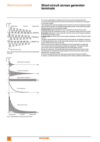 16
Short-circuit currents Short-circuit across generator
terminals 0
It is more complicated to calculate short-circuit current across the terminals
of a synchronous generator than across the terminals of a transformer connected
to the power system.
This is because the internal impedance of the machine cannot be considered constant
after the start of the fault. It increases progressively and the current becomes weaker,
passing through three characteristic stages:
b subtransient (approximately 0.01 to 0.1 second), the short-circuit current
(rms value of the AC component) is high, 5 to 10 times the rated continuous current.
b transient (between 0.1 and 1 second), the short-circuit current drops to between
2 and 6 times the rated current.
b steady-state, the short-circuit current drops to between 0.5 and 2 times the rated
current.
The given values depend on the power rating of the machine, its excitation mode and,
for the steady-state current, on the value of the exciting current, therefore on the load
on the machine at the time of the fault.
What is more, the zero-sequence impedance of the AC generators is generally
2 to 3 times lower than their positive-sequence impedance. The phase-to-earth
short-circuit current is therefore greater than the three-phase current.
By way of comparison, the steady-state three-phase short-circuit current across
the terminals of a transformer ranges between 6 and 20 times the rated current,
depending on the power rating.
It can be concluded that short-circuits across generator terminals are difficult
to assess, in particular their low, decreasing value makes protection setting difficult.
DE55223EN
Fig. 1. Typical curves for short-circuit currents across generator
terminals.
DE55228EN
Fig. 2. Decomposition of the short-circuit current.
I2
t
I3
t
t
I1
Current
Subtransient Transient Steady-state
Moment fault occurs
t
t
t
t
t
Current
Subtransient component
Subtransient
Transient component
Transient
Steady-state component
Steady-state
DC component
Total-current curve
 