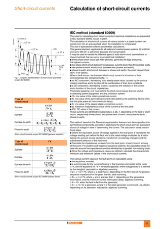 17
Short-circuit currents Calculation of short-circuit currents0
IEC method (standard 60909)
The rules for calculating short-circuit currents in electrical installations are presented
in IEC standard 60909, issued in 2001.
The calculation of short-circuit currents at various points in a power system can
quickly turn into an arduous task when the installation is complicated.
The use of specialized software accelerates calculations.
This general standard, applicable for all radial and meshed power systems, 50 or 60 Hz
and up to 550 kV, is extremely accurate and conservative.
It may be used to handle the different types of solid short-circuit (symmetrical or
dissymmetrical) that can occur in an electrical installation:
b three-phase short-circuit (all three phases), generally the type producing
the highest currents,
b two-phase short-circuit (between two phases), currents lower than three-phase faults,
b two-phase-to-earth short-circuit (between two phases and earth),
b phase-to-earth short-circuit (between a phase and earth), the most frequent type
(80% of all cases).
When a fault occurs, the transient short-circuit current is a function of time
and comprises two components (fig. 1):
b an AC component, decreasing to its steady-state value, caused by the various
rotating machines and a function of the combination of their time constants,
b a DC component, decreasing to zero, caused by the initiation of the current
and a function of the circuit impedances.
Practically speaking, one must define the short-circuit values that are useful
in selecting system equipment and the protection system:
b I''k: rms value of the initial symmetrical current,
b Ib: rms value of the symmetrical current interrupted by the switching device when
the first pole opens at tmin (minimum delay),
b Ik: rms value of the steady-state symmetrical current,
b Ip: maximum instantaneous value of the current at the first peak,
b IDC: DC value of the current.
These currents are identified by subscripts 3, 2, 2E, 1, depending on the type of short-
circuit, respectively three-phase, two-phase clear of earth, two-phase-to-earth,
phase-to-earth.
The method, based on the Thevenin superposition theorem and decomposition into
symmetrical components, consists in applying to the short-circuit point an equivalent
source of voltage in view of determining the current. The calculation takes place in
three steps.
b Define the equivalent source of voltage applied to the fault point. It represents the
voltage existing just before the fault and is the rated voltage multiplied by a factor
taking into account source variations, transformer on-load tap changers and the
subtransient behavior of the machines.
b Calculate the impedances, as seen from the fault point, of each branch arriving
at this point. For positive and negative-sequence systems, the calculation does not
take into account line capacitances and the admittances of parallel, non-rotating loads.
b Once the voltage and impedance values are defined, calculate the characteristic
minimum and maximum values of the short-circuit currents.
The various current values at the fault point are calculated using:
b the equations provided,
b a summing law for the currents flowing in the branches connected to the node:
v I''k, see the equations for I''k in the tables opposite, where voltage factor c is defined
by the standard; geometric or algebraic summing,
v ip = κ • 2 • I''k, where κ is less than 2, depending on the R/X ratio of the positive-
sequence impedance for the given branch; peak summing,
v Ib = µ • q • I''k, where µ and q are less than 1, depending on the generators
and motors, and the minimum current interruption delay; algebraic summing,
v Ik = I''k, when the fault is far from the generator,
v Ik = λ • Ir, for a generator, where Ir is the rated generator current and λ is a factor
depending on its saturation inductance; algebraic summing.
DE55226EN
Fig. 1. Graphic representation of short-circuit quantities
as per IEC 60909.
Ip
t min
2 2 Ik
2 2 Ib
2 2 I"k
IDC
Time
(t)
Current (I)
Type of
short-circuit
I''k
3-phase
2-phase
2-phase-to-earth
Phase-to-earth
Short-circuit currents as per IEC 60909 (general situation).
Type of
short-circuit
I''k
3-phase
2-phase
2-phase-to-earth
Phase-to-earth
Short-circuit currents as per IEC 60909 (distant faults).
c Un•
3 Z1•
-------------------
c Un•
Z1 Z2+
------------------
c Un 3 Z2•••
Z1 Z2• Z2 Z0• Z1 Z0•+ +
-------------------------------------------------------------------
c Un 3••
Z1 Z2 Z0+ +
-------------------------------
c Un•
3 Z1•
-------------------
c Un•
2 Z1•
-----------------
c Un 3••
Z1 2Z0+
------------------------------
c Un 3••
2Z1 Z0+
------------------------------
 