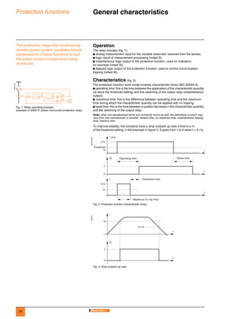 24
Protection functions General characteristics 0
The protection relays that continuously
monitor power system variables include
combinations of basic functions to suit
the power system components being
monitored.
Operation
The relay includes (fig. 1):
b analog measurement input for the variable observed, received from the sensor,
b logic result of measurement processing (noted S),
b instantaneous logic output of the protection function, used for indication,
for example (noted Si),
b delayed logic output of the protection function, used to control circuit breaker
tripping (noted St).
Characteristics (fig. 2)
The protection function work mode involves characteristic times (IEC 60255-3):
b operating time: this is the time between the application of the characteristic quantity
(at twice the threshold setting) and the switching of the output relay (instantaneous
output),
b overshoot time: this is the difference between operating time and the maximum
time during which the characteristic quantity can be applied with no tripping,
b reset time: this is the time between a sudden decrease in the characteristic quantity
and the switching of the output relay.
Note: other non-standardized terms are commonly found as well, the definitions of which may
vary from one manufacturer to another: reclaim time, no response time, instantaneous tripping
time, memory time.
To improve stability, the functions have a drop out/pick up ratio d that is a %
of the threshold setting: in the example in figure 3, S goes from 1 to 0 when I = d • Is
DE57270
Fig. 1. Relay operating principle.
(example of ANSI 51 phase overcurrent protection relay)
I > Is
I S St
Si
0
DE55272EN
Fig. 2. Protection function characteristic times.
DE55271
Fig. 3. Drop out/pick up ratio.
Threshold
Is
2 Is
I rms
Operating time Reset time
Overshoot time
Maximum no trip time
t
0
1
Si
t
Is
2 Is
I
t
Is
d • Is
0
1
S
t
I
t
 