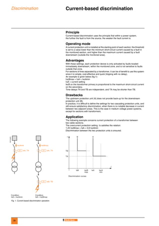 30
Discrimination Current-based discrimination 0
Principle
Current-based discrimination uses the principle that within a power system,
the further the fault is from the source, the weaker the fault current is.
Operating mode
A current protection unit is installed at the starting point of each section: the threshold
is set to a value lower than the minimum short-circuit current caused by a fault in
the monitored section, and higher than the maximum current caused by a fault
downstream (outside the monitored area).
Advantages
With these settings, each protection device is only activated by faults located
immediately downstream, within the monitored zone, and is not sensitive to faults
outside that zone.
For sections of lines separated by a transformer, it can be of benefit to use this system
since it is simple, cost-effective and quick (tripping with no delay).
An example is given below (fig.1):
IscBmax < IsA < IscAmin
IsA = current setting
IscB on the transformer primary is proportional to the maximum short-circuit current
on the secondary.
Time delays TA and TB are independent, and TA may be shorter than TB.
Drawbacks
The upstream protection unit (A) does not provide back-up for the downstream
protection unit (B).
In practice, it is difficult to define the settings for two cascading protection units, and
still ensure satisfactory discrimination, when there is no notable decrease in current
between two adjacent areas. This is the case in medium voltage power systems,
except for sections with transformers.
Application
The following example concerns current protection of a transformer between
two cable sections.
The overcurrent protection setting Is satisfies the relation:
1.25 IscBmax < IsA < 0.8 IscAmin
Discrimination between the two protection units is ensured.
DE57246EN
Fig. 1. Current-based discrimination operation.
51 IsA, TA
IscAmin
A
51 IsB, TB
B
51 IsA, TA
IscBmax
A
t
I
TB
TA
B A
IscB
max
IscA
min
IsB IsA
Discrimination curves
Condition
IsA > IscBmax
Condition
IsA < IscAmin
 