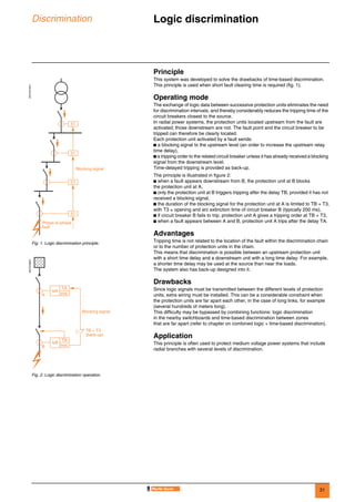 31
Discrimination Logic discrimination 0
Principle
This system was developed to solve the drawbacks of time-based discrimination.
This principle is used when short fault clearing time is required (fig. 1).
Operating mode
The exchange of logic data between successive protection units eliminates the need
for discrimination intervals, and thereby considerably reduces the tripping time of the
circuit breakers closest to the source.
In radial power systems, the protection units located upstream from the fault are
activated; those downstream are not. The fault point and the circuit breaker to be
tripped can therefore be clearly located.
Each protection unit activated by a fault sends:
b a blocking signal to the upstream level (an order to increase the upstream relay
time delay),
b a tripping order to the related circuit breaker unless it has already received a blocking
signal from the downstream level.
Time-delayed tripping is provided as back-up.
The principle is illustrated in figure 2:
b when a fault appears downstream from B, the protection unit at B blocks
the protection unit at A,
b only the protection unit at B triggers tripping after the delay TB, provided it has not
received a blocking signal,
b the duration of the blocking signal for the protection unit at A is limited to TB + T3,
with T3 ≥ opening and arc extinction time of circuit breaker B (typically 200 ms),
b if circuit breaker B fails to trip, protection unit A gives a tripping order at TB + T3,
b when a fault appears between A and B, protection unit A trips after the delay TA.
Advantages
Tripping time is not related to the location of the fault within the discrimination chain
or to the number of protection units in the chain.
This means that discrimination is possible between an upstream protection unit
with a short time delay and a downstream unit with a long time delay. For example,
a shorter time delay may be used at the source than near the loads.
The system also has back-up designed into it.
Drawbacks
Since logic signals must be transmitted between the different levels of protection
units, extra wiring must be installed. This can be a considerable constraint when
the protection units are far apart each other, in the case of long links, for example
(several hundreds of meters long).
This difficulty may be bypassed by combining functions: logic discrimination
in the nearby switchboards and time-based discrimination between zones
that are far apart (refer to chapter on combined logic + time-based discrimination).
Application
This principle is often used to protect medium voltage power systems that include
radial branches with several levels of discrimination.
DE57247EN
Fig. 1. Logic discrimination principle.
DE57248EN
Fig. 2. Logic discrimination operation.
51
Blocking signal
51
51
51
Phase-to-phase
fault
inst.
TB
IsA
IsB
inst.
TA
B
A
Blocking signal
TB + T3
(back-up)
 