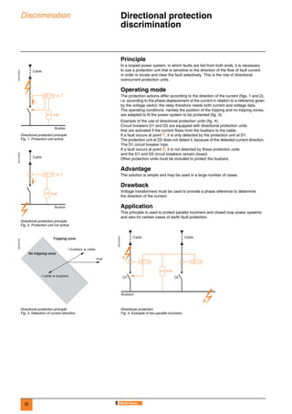 32
Discrimination Directional protection
discrimination 0
Principle
In a looped power system, in which faults are fed from both ends, it is necessary
to use a protection unit that is sensitive to the direction of the flow of fault current
in order to locate and clear the fault selectively. This is the role of directional
overcurrent protection units.
Operating mode
The protection actions differ according to the direction of the current (figs. 1 and 2),
i.e. according to the phase displacement of the current in relation to a reference given
by the voltage vector; the relay therefore needs both current and voltage data.
The operating conditions, namely the position of the tripping and no tripping zones,
are adapted to fit the power system to be protected (fig. 3).
Example of the use of directional protection units (fig. 4):
Circuit breakers D1 and D2 are equipped with directional protection units
that are activated if the current flows from the busbars to the cable.
If a fault occurs at point 1, it is only detected by the protection unit at D1.
The protection unit at D2 does not detect it, because of the detected current direction.
The D1 circuit breaker trips.
If a fault occurs at point 2, it is not detected by these protection units
and the D1 and D2 circuit breakers remain closed.
Other protection units must be included to protect the busbars.
Advantage
The solution is simple and may be used in a large number of cases.
Drawback
Voltage transformers must be used to provide a phase reference to determine
the direction of the current.
Application
This principle is used to protect parallel incomers and closed loop power systems
and also for certain cases of earth fault protection.
DE57249EN
Directional protection principle
Fig. 1. Protection unit active.
DE57250EN
Directional protection principle
Fig. 2. Protection unit not active.
DE55251EN
Directional protection principle
Fig. 3. Detection of current direction.
Cable
67 Is, T
Vref
I
Busbar
Cable
Busbar
67 Is, T
Vref
I
Vref
Tripping zone
No tripping zone
I busbars V cable
I cable V busbars
DE57252EN
Directional protection
Fig. 4. Example of two parallel incomers.
Cable
D1 D2
67
Vref
Busbars
Cable
67
2
1
 