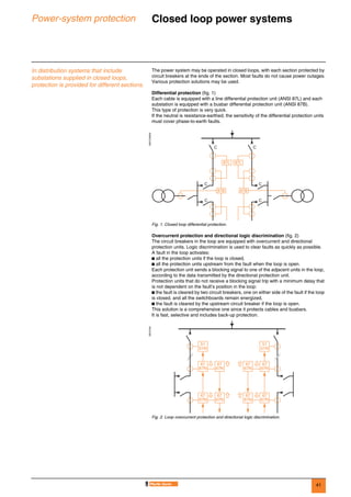 41
Power-system protection Closed loop power systems 0
In distribution systems that include
substations supplied in closed loops,
protection is provided for different sections.
The power system may be operated in closed loops, with each section protected by
circuit breakers at the ends of the section. Most faults do not cause power outages.
Various protection solutions may be used.
Differential protection (fig. 1)
Each cable is equipped with a line differential protection unit (ANSI 87L) and each
substation is equipped with a busbar differential protection unit (ANSI 87B).
This type of protection is very quick.
If the neutral is resistance-earthed, the sensitivity of the differential protection units
must cover phase-to-earth faults.
Overcurrent protection and directional logic discrimination (fig. 2)
The circuit breakers in the loop are equipped with overcurrent and directional
protection units. Logic discrimination is used to clear faults as quickly as possible.
A fault in the loop activates:
b all the protection units if the loop is closed,
b all the protection units upstream from the fault when the loop is open.
Each protection unit sends a blocking signal to one of the adjacent units in the loop,
according to the data transmitted by the directional protection unit.
Protection units that do not receive a blocking signal trip with a minimum delay that
is not dependent on the fault’s position in the loop:
b the fault is cleared by two circuit breakers, one on either side of the fault if the loop
is closed, and all the switchboards remain energized,
b the fault is cleared by the upstream circuit breaker if the loop is open.
This solution is a comprehensive one since it protects cables and busbars.
It is fast, selective and includes back-up protection.
DE57239EN
Fig. 1. Closed loop differential protection.
DE57240
Fig. 2. Loop overcurrent protection and directional logic discrimination.
C
C C
C
C
C
87L
87B
87L
87B
51
51N
67
67N
67
67N
67
67N
67
67N
51
51N
67
67N
67
67N
67
67N
67
67N
 
