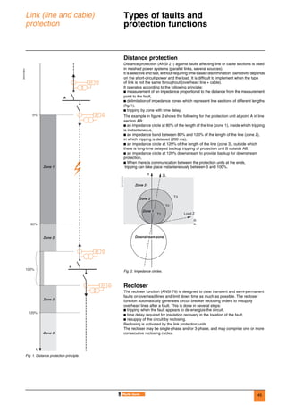45
Link (line and cable)
protection
Types of faults and
protection functions 0
Distance protection
Distance protection (ANSI 21) against faults affecting line or cable sections is used
in meshed power systems (parallel links, several sources).
It is selective and fast, without requiring time-based discrimination. Sensitivity depends
on the short-circuit power and the load. It is difficult to implement when the type
of link is not the same throughout (overhead line + cable).
It operates according to the following principle:
b measurement of an impedance proportional to the distance from the measurement
point to the fault,
b delimitation of impedance zones which represent line sections of different lengths
(fig.1),
b tripping by zone with time delay.
The example in figure 2 shows the following for the protection unit at point A in line
section AB:
b an impedance circle at 80% of the length of the line (zone 1), inside which tripping
is instantaneous,
b an impedance band between 80% and 120% of the length of the line (zone 2),
in which tripping is delayed (200 ms),
b an impedance circle at 120% of the length of the line (zone 3), outside which
there is long-time delayed backup tripping of protection unit B outside AB,
b an impedance circle at 120% downstream to provide backup for downstream
protection,
b When there is communication between the protection units at the ends,
tripping can take place instantaneously between 0 and 100%.
Recloser
The recloser function (ANSI 79) is designed to clear transient and semi-permanent
faults on overhead lines and limit down time as much as possible. The recloser
function automatically generates circuit breaker reclosing orders to resupply
overhead lines after a fault. This is done in several steps:
b tripping when the fault appears to de-energize the circuit,
b time delay required for insulation recovery in the location of the fault,
b resupply of the circuit by reclosing.
Reclosing is activated by the link protection units.
The recloser may be single-phase and/or 3-phase, and may comprise one or more
consecutive reclosing cycles.
DE57279EN
Fig. 1. Distance protection principle.
21
A
B
L
21
0%
Zone 1
Zone 2
Zone 2
Zone 3
21
21
100%
80%
120%
DE55280EN
Fig. 2. Impedance circles.
R
T3
T2
T1
X ZL
Zone 3
Zone 2
Zone 1
Downstream zone
Load Z
 