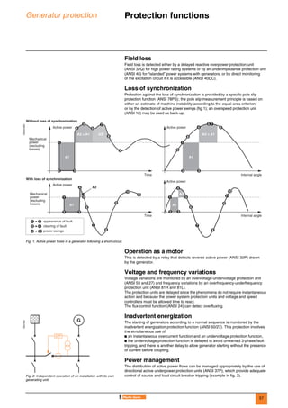 57
Generator protection Protection functions 0
Field loss
Field loss is detected either by a delayed reactive overpower protection unit
(ANSI 32Q) for high power rating systems or by an underimpedance protection unit
(ANSI 40) for “islanded” power systems with generators, or by direct monitoring
of the excitation circuit if it is accessible (ANSI 40DC).
Loss of synchronization
Protection against the loss of synchronization is provided by a specific pole slip
protection function (ANSI 78PS); the pole slip measurement principle is based on
either an estimate of machine instability according to the equal-area criterion,
or by the detection of active power swings (fig.1); an overspeed protection unit
(ANSI 12) may be used as back-up.
Operation as a motor
This is detected by a relay that detects reverse active power (ANSI 32P) drawn
by the generator.
Voltage and frequency variations
Voltage variations are monitored by an overvoltage-undervoltage protection unit
(ANSI 59 and 27) and frequency variations by an overfrequency-underfrequency
protection unit (ANSI 81H and 81L).
The protection units are delayed since the phenomena do not require instantaneous
action and because the power system protection units and voltage and speed
controllers must be allowed time to react.
The flux control function (ANSI 24) can detect overfluxing.
Inadvertent energization
The starting of generators according to a normal sequence is monitored by the
inadvertent energization protection function (ANSI 50/27). This protection involves
the simultaneous use of:
b an instantaneous overcurrent function and an undervoltage protection function,
b the undervoltage protection function is delayed to avoid unwanted 3-phase fault
tripping, and there is another delay to allow generator starting without the presence
of current before coupling.
Power management
The distribution of active power flows can be managed appropriately by the use of
directional active underpower protection units (ANSI 37P), which provide adequate
control of source and load circuit breaker tripping (example in fig. 2).
DE55310EN
Fig. 1. Active power flows in a generator following a short-circuit.
Without loss of synchronization
A1
A1 A1
A2
A2
A2 = A1 A3
With loss of synchronization
Active power Active power
Active power
Active power
Mechanical
power
(excluding
losses)
Time Internal angle
Time Internal angle
Mechanical
power
(excluding
losses)
appearance of fault
clearing of fault
power swings
A1
A2 = A1
1
4
5
6
7
8
9 9
22
1
1 2
2 3
4
5
6
7
8
9
1
2 3
6
5
4
7
8
9
10
1111
11
10
3 3
1
8
4
5 7
6
3 4
4
DE57309
Fig. 2. Independent operation of an installation with its own
generating unit.
37P
G
 