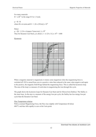 Download free ebooks at bookboon.com
Electrical Power
63
Magnetic Properties of Materials
For many materials
H = Į B1.6
in the range 0.5 to 1.2 tesla
ȝ = B / H
where B is in tesla and H = 1.26 x (NI/m)] x 10-6
Hence
ȝ = [B / {1.26 x (Ampere Turns/cm)} ] x 104
Thus for Dynamo Cast Steel, ȝ is about [ 1 / (1.26 x 5) ] x 104
= 1600
Hysteresis
When a magnetic material is magnetized, it retains some magnetism when the magnetizing force is
switched off. If H is raised from zero to a positive value then reduced to the same value negative and again
to the positive, the magnetic field B lags behind the magnetising force. This is called the hysteresis loop.
The area of the loop is a measure of work done in magnetizing the iron through this cycle.
The graph shows the hysteresis loops for Dynamo Cast Steel and for Silicon Iron (Stalloy). The Stalloy is
the inner loop. As the area is a measure of the energy loss per cycle, the Stalloy has less energy loss per
cycle than the Dynamo Cast Steel.
Flux Temperature relation
With a constant Magnetizing Force, the Flux rises slightly with Temperature till about
600 0
C and then falls rapidly to zero at the Curie point.
 