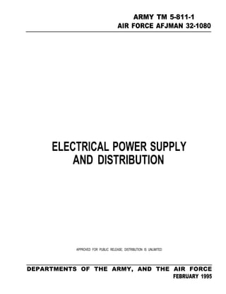 ARMY TM 5-811-1
AIR FORCE AFJMAN 32-1080
ELECTRICAL POWER SUPPLY
AND DISTRIBUTION
APPROVED FOR PUBLIC RELEASE; DISTRIBUTION IS UNLIMITED
DEPARTMENTS OF THE ARMY, AND THE AIR FORCE
FEBRUARY 1995
 