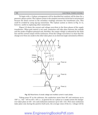 102 ELECTRICAL POWER SYSTEMS
To begin with, a 3-phase arrangement will be described but analysis will be done for a
general n-phase system. The 3-phase system is the simplest convertor circuit but is not practical
because the direct current in the secondary windings saturates the transformer core. This
could be avoided by using zig-zag connections. The 3-phase system as shown in Fig. 5.1 is,
however, useful in explaining other connections.
Figure 5.2 shows the current and voltage wave-form in the three phases of the supply
transformer. When grid control is not used, conduction will take place between the cathode
and the anode of highest potential and, therefore, the output voltage is indicated by the thick
line and the current output will be continuous. From the voltage wave-form it is clear that the
change-over from one anode to the other takes place at an electrical angle calculated as follows:
a b c a b
V
V
time
time
Phase (a)
time
Phase (b)
time
Phase (c)
2 /n
p
p
2
p
n
–
p
2
p
n
+
O
Id
Voltage
Current
Fig. 5.2 Wave-forms of anode voltage and rectified current in each phase.
Taking point ‘O’ as the reference, the conduction starts from 30° and continues up to
150° i.e., (π/2 – π/3) to (π/2 + π/3) i.e., in general for an n-phase or n-anode system the change-
over takes place at (π/2 – π/n) and conduction continues up to (π/2 + π/n). Now since conduction
takes place only during the positive half cycle, the average value of the d.c. voltage will be
www.EngineeringBooksPdf.com
 