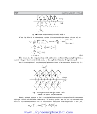 104 ELECTRICAL POWER SYSTEMS
a g
Voltage
time
Fig. 5.4 Voltage waveform with grid control angle α.
When the delay is α, considering n-phase system the average output voltage will be
V0′ =
1
2 2
2
2
2
2
π
θ θ
π
θ
π π α
π π α
π π α
π π α
/
sin cos
( / ) ( / )
( / ) ( / )
( / ) ( / )
( / ) ( / )
n
V d
nV
n
n
m
m
n
n
− +
+ +
− +
+ +
z = −
L
NM O
QP
=
nV
n n
m
2π
π
α
π
α
sin sin
+
F
HG I
KJ + −
F
HG I
KJ
L
NM O
QP
=
nV
n
m
π
π
α
sin . cos
= V0 cos α (5.4)
This means the d.c. output voltage with grid control is obtained by multiplying the d.c.
output voltage without control with cosine of the angle by which the firing is delayed.
For calculating the d.c. output voltage when overlap is to be considered, refer to Fig. 5.5.
f
Voltages
a g
1 3 5 1
0
6 6
4
2
Fig. 5.5 Voltage waveform with grid control α and
overlap γ in case of bridge connection.
The d.c. voltage is given by the d.c. voltage without overlap (with grid control) minus the
average value of the hatched area during the overlap period. We find out the hatched area
which is equal to any ordinate y of the hatched area integrated over the period α to α + γ, i.e.,
∆Vd =
α
α γ
α
α γ
θ θ
+ +
z z
= −
+
F
HG I
KJ
y d e
e e
d
b
a b
2
www.EngineeringBooksPdf.com
 