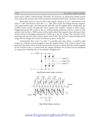 110 ELECTRICAL POWER SYSTEMS
motor and is called a countervoltage. Therefore, for inversion, an alternating voltage system
must exist on the primary side of the transformer and grid control of the converter is essential.
When grid control is used we know that output voltage is V0 cos α and becomes zero
when α = 90° and reverses when 90° < α < 180°. This means the voltage becomes negative
when grid control angle α lies between 90° and 180° and the applied direct voltage from the
rectifier forces current through the valves against this negative voltage or back voltage.
Triggering beyond 180° results in the a.c. systems being connected to the d.c. source in such
polarity that the flow of SCR current will be aided rather than opposed, thus allowing a short
circuit current of damaging proportions to build up in the d.c. system. The converter at the
receiving end (inverter) thus receives power and inverts. The inverter 3-phase bridge circuit
along with its voltage and current waveforms is shown in Fig. 5.9.
Commutation from valve 3 to valve 1 is possible only when phase c is positive with
respect to a and the current changeover must be complete before N by a time δ0 equal to the
deionized time of the valves. It can be seen from the current waveforms that the current supplied
by the inverter to the a.c. system leads the voltage and hence the inverter may be considered
as a generator of leading vars or an absorber of lagging vars.
a
b
c
1 3 5
4 6 2
Fig. 5.9 (=) Inverter bridge connection.
4 (a) 6 (b) 2 (c) 4 (a)
Voltages
t
Vd
5
3
1
5
N
N
P
O
Q
d
M
Valve 3
a
a
b
b
d
d
g
g
Fig. 5.9 (>) Voltage waveforms.
www.EngineeringBooksPdf.com
 