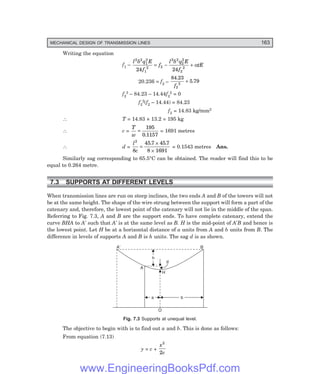 MECHANICAL DESIGN OF TRANSMISSION LINES 163
Writing the equation
f1 –
l q E
f
f
l q E
f
tE
2 2
1
2
1
2 2
2 2
2
2
2
2
24 24
δ δ
α
= − +
20.236 = f2 –
84 23
5 79
2
2
.
.
f
+
f2
3 – 84.23 – 14.44f2
2 = 0
f2
2(f2 – 14.44) = 84.23
f2 = 14.83 kg/mm2
∴ T = 14.83 × 13.2 = 195 kg
∴ c =
T
w
=
195
0 1157
.
= 1691 metres
∴ d =
l
c
2
8
45 7 45 7
8 1691
=
×
×
. .
= 0.1543 metres Ans.
Similarly sag corresponding to 65.5°C can be obtained. The reader will find this to be
equal to 0.264 metre.
7.3 SUPPORTS AT DIFFERENT LEVELS
When transmission lines are run on steep inclines, the two ends A and B of the towers will not
be at the same height. The shape of the wire strung between the support will form a part of the
catenary and, therefore, the lowest point of the catenary will not lie in the middle of the span.
Referring to Fig. 7.3, A and B are the support ends. To have complete catenary, extend the
curve BHA to A′ such that A′ is at the same level as B. H is the mid-point of A′B and hence is
the lowest point. Let H be at a horizontal distance of a units from A and b units from B. The
difference in levels of supports A and B is h units. The sag d is as shown.
A¢ B
b
a
A
H
h
d
O
Fig. 7.3 Supports at unequal level.
The objective to begin with is to find out a and b. This is done as follows:
From equation (7.13)
y = c +
x
c
2
2
www.EngineeringBooksPdf.com
 