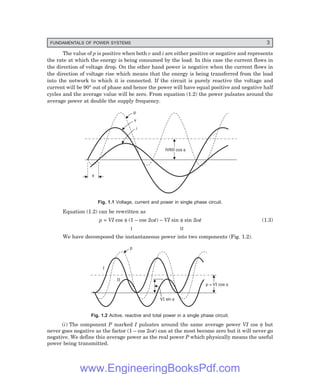FUNDAMENTALS OF POWER SYSTEMS 3
The value of p is positive when both v and i are either positive or negative and represents
the rate at which the energy is being consumed by the load. In this case the current flows in
the direction of voltage drop. On the other hand power is negative when the current flows in
the direction of voltage rise which means that the energy is being transferred from the load
into the network to which it is connected. If the circuit is purely reactive the voltage and
current will be 90° out of phase and hence the power will have equal positive and negative half
cycles and the average value will be zero. From equation (1.2) the power pulsates around the
average power at double the supply frequency.
f
p
v
i
IVII I cos
I f
IVII I cos
I f
Fig. 1.1 Voltage, current and power in single phase circuit.
Equation (1.2) can be rewritten as
p = VI cos φ (1 – cos 2ωt) – VI sin φ sin 2ωt (1.3)
I II
We have decomposed the instantaneous power into two components (Fig. 1.2).
I
II
p
V sin f
I
p = V cos
I f
p = V cos f
I
Fig. 1.2 Active, reactive and total power in a single phase circuit.
(i) The component P marked I pulsates around the same average power VI cos φ but
never goes negative as the factor (1 – cos 2ωt) can at the most become zero but it will never go
negative. We define this average power as the real power P which physically means the useful
power being transmitted.
www.EngineeringBooksPdf.com
 