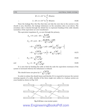 212 ELECTRICAL POWER SYSTEMS
M = 2 × 10–7 ln
d
rm
H/metre
∴ L – M = 2 × 10–7 ln
r
r
m
H/metre (9.26)
Since the leakage flux (the flux that does not link the core) due to the current in the
sheath is zero, therefore, the leakage inductance on the secondary side is not shown. The
secondary side is shorted through the dotted line to represent bonding of the cable sheaths
(secondary of the equivalent air core transformer).
The equivalent impedance Zeq as seen through the primary,
Zeq = R + jω(L – M) +
R j M
R j M
s
s
ω
ω
+
Zeq = R + jω(L – M) +
jR M R j M
R M
s s
s
ω ω
ω
( )
−
+
2 2 2
= R +
ω
ω
ω ω
ω
2 2
2 2 2
2
2 2 2
1
M R
R M
j L j M
R
R M
s
s
s
s
+
+ +
+
−
R
S
|
T
|
U
V
|
W
|
= R +
ω
ω
ω
ω
ω
2 2
2 2 2
2 2
2 2 2
M R
R M
j L M
M
R M
s
s s
+
+ −
+
R
S
|
T
|
U
V
|
W
| (9.27)
∴ Req = R +
ω
ω
2 2
2 2 2
M R
R M
s
s +
(9.28)
and Leq = L – M
ω
ω
2 2
2 2 2
M
R M
s +
(9.29)
It is seen that by bonding the cable at both the ends the equivalent resistance of the
system is increased whereas the inductance is reduced.
The sheath losses are given by I 2
ω
ω
2 2
2 2 2
M R
R M
s
s +
.
In order to reduce the sheath losses and thereby if it is required to increase the current
carrying capacity of a cable, sheaths of the three single core cables in a 3-phase system are
cross bonded as shown in Fig. 9.19.
Va Va Va
Vb Vb Vb
Vc Vc Vc
Fig. 9.19 Basic cross bonded system.
www.EngineeringBooksPdf.com
 