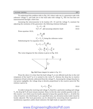 VOLTAGE CONTROL 227
To understand this problem refer to Fig. 10.1 where node one is a generator node with
reference voltage V1 and node two is the load node with voltage V2. The two bus bars are
interconnected through a short line.
Assuming the interconnector to be lossless (R = 0) and the voltage V1 constant (by
adjusting the excitation of the generator), the following relations hold good:
V2 = V1 – IZ (10.1)
V1
*I = P – jQ (assuming inductive load) (10.2)
From equation (10.2),
I =
P jQ
V
−
1
*
V1
* = V1, V1 being the reference vector
Substituting for I in equation (10.1),
V2 = V1 – j
P jQ
V
−
1
X
= V
Q
V
X j
P
V
X
1
1 1
−
F
H
G I
K
J − (10.3)
The vector diagram for this relation is given in Fig. 10.2.
— x
Q
V1
— x
P
V1
V2
V1
Fig. 10.2 Phasor diagram for system in Fig. 10.1.
From the above it is clear that the load voltage V2 is not affected much due to the real
component of the load P as it is normal to the vector V1 whereas the drop due to reactive
component of load is directly subtracted from the voltage V1. Assuming the voltage drop due to
real power negligible, the voltage drop is directly proportional to the reactive power Q. The
relation is given by
V2 = V1 –
Q
V
X
1
(10.4)
In order to keep the receiving end voltage V2 fixed for a particular sending end voltage
V1, the drop (Q/V1)X must remain constant. Since, in this the only variable quantity is Q, it is
this reactive vars which must be locally adjusted to keep this quantity fixed i.e., let Q be the
value of reactive vars which keeps V2 to a specified value, any deviation in Q at node 2 must be
locally adjusted. The local generation can be obtained by connecting shunt capacitors or
synchronous capacitors and/or shunt inductors (for light loads or capacitive loads).
www.EngineeringBooksPdf.com
 