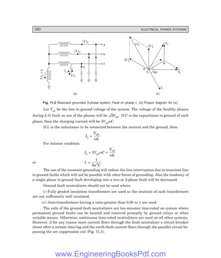 D-8N-SYSTEM1SYS11-1.PM6.5
250 ELECTRICAL POWER SYSTEMS
Ö3 IC
Ö3 IC
a
b
c
0
3 IC
IL
3
=
I
I
C
L
(a)
N
Va
Vb
Vc
E
3 Ic
Ö3 Ic
Ö3 Ic
90°
I1
(b)
Fig. 11.2 Resonant grounded 3-phase system. Fault on phase ?, (>) Phasor diagram for (=).
Let Vph be the line to ground voltage of the system. The voltage of the healthy phases
during L-G fault on one of the phases will be 3Vph . If C is the capacitance to ground of each
phase, then the charging current will be 3VphωC.
If L is the inductance to be connected between the neutral and the ground, then
IL =
V
L
ph
ω
For balance condition
IL = 3VphωC =
V
L
ph
ω
or L =
1
3 2
ω C
The use of the resonant grounding will reduce the line interruption due to transient line
to ground faults which will not be possible with other forms of grounding. Also the tendency of
a single phase to ground fault developing into a two or 3-phase fault will be decreased.
Ground fault neutralizers should not be used where
(i) Fully graded insulation transformers are used as the neutrals of such transformers
are not sufficiently well insulated.
(ii) Auto-transformers having a ratio greater than 0.95 to 1 are used.
The coils of the ground fault neutralizers are ten-minutes time-rated on system where
permanent ground faults can be located and removed promptly by ground relays or other
suitable means. Otherwise, continuous time-rated neutralizers are used on all other systems.
However, if for any reason more current flows through the fault neutralizer a circuit breaker
closes after a certain time-lag and the earth-fault current flows through the parallel circuit by-
passing the arc suppression coil (Fig. 11.3).
www.EngineeringBooksPdf.com
 