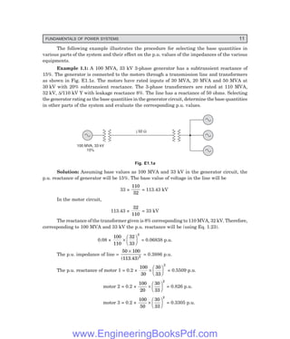 FUNDAMENTALS OF POWER SYSTEMS 11
The following example illustrates the procedure for selecting the base quantities in
various parts of the system and their effect on the p.u. values of the impedances of the various
equipments.
Example 1.1: A 100 MVA, 33 kV 3-phase generator has a subtransient reactance of
15%. The generator is connected to the motors through a transmission line and transformers
as shown in Fig. E1.1a. The motors have rated inputs of 30 MVA, 20 MVA and 50 MVA at
30 kV with 20% subtransient reactance. The 3-phase transformers are rated at 110 MVA,
32 kV, ∆/110 kV Y with leakage reactance 8%. The line has a reactance of 50 ohms. Selecting
the generator rating as the base quantities in the generator circuit, determine the base quantities
in other parts of the system and evaluate the corresponding p.u. values.
100 MVA, 33 kV
15%
j 50 W
Fig. E1.1=
Solution: Assuming base values as 100 MVA and 33 kV in the generator circuit, the
p.u. reactance of generator will be 15%. The base value of voltage in the line will be
33 ×
110
32
= 113.43 kV
In the motor circuit,
113.43 ×
32
110
= 33 kV
The reactance of the transformer given is 8% corresponding to 110 MVA, 32 kV. Therefore,
corresponding to 100 MVA and 33 kV the p.u. reactance will be (using Eq. 1.23).
0.08 ×
100
110
32
33
2
×
F
H
G I
K
J = 0.06838 p.u.
The p.u. impedance of line =
50 100
113.43 2
×
( )
= 0.3886 p.u.
The p.u. reactance of motor 1 = 0.2 ×
100
30
30
33
2
×
F
H
G I
K
J = 0.5509 p.u.
motor 2 = 0.2 ×
100
20
30
33
2
×
F
H
G I
K
J = 0.826 p.u.
motor 3 = 0.2 ×
100
50
30
33
2
×
F
H
G I
K
J = 0.3305 p.u.
www.EngineeringBooksPdf.com
 