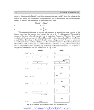 D-8N-SYSTEM1SYS12-1.PM6.5
274 ELECTRICAL POWER SYSTEMS
stored by the element is 1
2 CdxV 2 and electromagnetic energy 1
2 LdxI 2. Since the voltage at the
shorted end is zero, the electrostatic energy vanishes and is transformed into electromagnetic
energy. As a result, let the change in the current be i; then
1
2
CdxV 2 = 1
2
Ldxi2
or V = iZ
or i =
V
Z
= I
This means the increase in current is I amperes. As a result the total current at the
shorted end, when the current wave reaches the end is (I + I) = 2I amperes. This could be
considered due to a reflected current wave of magnitude I amperes. Therefore for a short-
circuited end the current wave is reflected back with positive sign and coefficient of reflection
as unity. Since the voltage at the shorted end is zero, a voltage wave of – V could be considered
to have been reflected back into the line, i.e., the current wave in case of short-circuited end is
reflected back with positive sign and with coefficient of reflection as unity, whereas the voltage
wave is reflected back with negative sign and unity coefficient of reflection. The variation of
voltage and current over the line is explained in Fig. 12.13.
V
V
I
I
I
V = 0
t = 2 l
t = 2 l
+
V
V
t = 3 l
t = 3 l
+
– V
V = 0
t = 4 l
t = 0
+
Voltage Current
t = l
– V
V
t = l
+
2 I
I
V
I
3 I 2 I
3 I
3 I
4 I
I
2 I
4 I
Fig. 12.13 Variation of voltage and current in a short ended line.
www.EngineeringBooksPdf.com
 