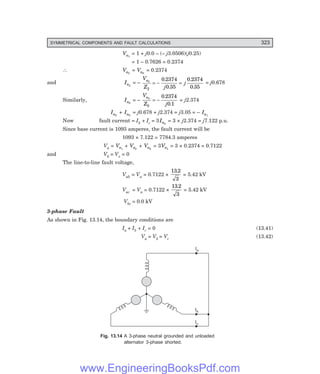 D-8N-SYSTEM1SYS13-2.PM6.5
SYMMETRICAL COMPONENTS AND FAULT CALCULATIONS 323
Va1
= 1 + j0.0 – (– j3.0506)(j0.25)
= 1 – 0.7626 = 0.2374
∴ Va2
= Va0
= 0.2374
and Ia2
= –
V
Z j
j
a2
2
0 2374
0 35
0 2374
0 35
= − =
.
.
.
.
= j0.678
Similarly, Ia0
= –
V
Z j
a0
0
0 2374
0 1
= −
.
.
= j2.374
Ia2
+ Ia0
= j0.678 + j2.374 = j3.05 = – Ia1
Now fault current = Ib + Ic = 3Ia0
= 3 × j2.374 = j7.122 p.u.
Since base current is 1093 amperes, the fault current will be
1093 × 7.122 = 7784.3 amperes
Va = Va1
+ Va2
+ Va0
= 3Va1
= 3 × 0.2374 = 0.7122
and Vb = Vc = 0
The line-to-line fault voltage,
Vab = Va = 0.7122 ×
13 2
3
.
= 5.42 kV
Vac = Va = 0.7122 ×
13 2
3
.
= 5.42 kV
Vbc = 0.0 kV
3-phase Fault
As shown in Fig. 13.14, the boundary conditions are
Ia + Ib + Ic = 0 (13.41)
Va = Vb = Vc (13.42)
Ib
Ic
Ia
Fig. 13.14 A 3-phase neutral grounded and unloaded
alternator 3-phase shorted.
www.EngineeringBooksPdf.com
 