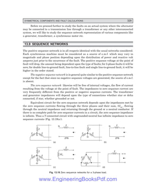 D-8N-SYSTEM1SYS13-2.PM6.5
SYMMETRICAL COMPONENTS AND FAULT CALCULATIONS 329
Before we proceed further to study the faults on an actual system where the alternator
may be connected to a transmission line through a transformer or any other interconnected
system, we will like to study the sequence network representation of various components like
a generator, transformer, a synchronous motor etc.
13.9 SEQUENCE NETWORKS
The positive sequence network is in all respects identical with the usual networks considered.
Each synchronous machine must be considered as a source of e.m.f. which may vary in
magnitude and phase position depending upon the distribution of power and reactive volt
amperes just prior to the occurrence of the fault. The positive sequence voltage at the point of
fault will drop, the amount being dependent upon the type of faults; for 3-phase faults it will be
zero; for double line-to-ground fault, line-to-line fault and single line-to-ground fault, it will be
higher in the order stated.
The negative sequence network is in general quite similar to the positive sequence network
except for the fact that since no negative sequence voltages are generated, the source of e.m.f.
is absent.
The zero sequence network likewise will be free of internal voltages, the flow of current
resulting from the voltage at the point of fault. The impedances to zero sequence current are
very frequently different from the positive or negative sequence currents. The transformer
and generator impedances will depend upon the type of connections whether star or delta
connected; if star, whether grounded or not.
Equivalent circuit for the zero sequence network depends upon the impedances met by
the zero sequence currents flowing through the three phases and their sum, 3Ia0
, flowing
through the neutral impedance and returning through the ground or a neutral conductor. If
there is no complete path for zero sequence currents in a circuit, the zero sequence impedance
is infinite. Thus a Y-connected circuit with ungrounded neutral has infinite impedance to zero
sequence currents (Fig. 13.19(a)).
Z
Z
Z
N
Z
N
ZPB
(a)
Z
Z
Z
Z
N
ZPB
(b)
Z
Z
Zn
Z
Z
3Zn
(c)
Z
Z
Z
Z
(d)
Fig. 13.19 Zero sequence networks for a 3-phase load.
www.EngineeringBooksPdf.com
 