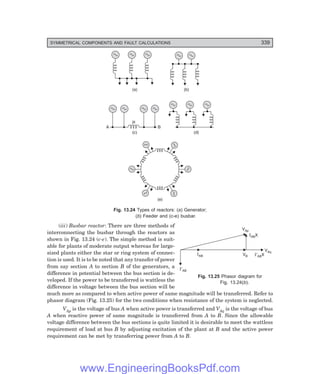 D-8N-SYSTEM1SYS13-3.PM6.5
SYMMETRICAL COMPONENTS AND FAULT CALCULATIONS 339
(a) (b)
(c)
A B
jx
(d)
(e)
Fig. 13.24 Types of reactors: (=) Generator;
(>) Feeder and (c-e) busbar.
(iii) Busbar reactor: There are three methods of
interconnecting the busbar through the reactors as
shown in Fig. 13.24 (c-e). The simple method is suit-
able for plants of moderate output whereas for large-
sized plants either the star or ring system of connec-
tion is used. It is to be noted that any transfer of power
from say section A to section B of the generators, a
difference in potential between the bus section is de-
veloped. If the power to be transferred is wattless the
difference in voltage between the bus section will be
much more as compared to when active power of same magnitude will be transferred. Refer to
phasor diagram (Fig. 13.25) for the two conditions when resistance of the system is neglected.
VAp is the voltage of bus A when active power is transferred and VAq is the voltage of bus
A when reactive power of same magnitude is transferred from A to B. Since the allowable
voltage difference between the bus sections is quite limited it is desirable to meet the wattless
requirement of load at bus B by adjusting excitation of the plant at B and the active power
requirement can be met by transferring power from A to B.
Fig. 13.25 Phasor diagram for
Fig. 13.24(>).
I¢AB
IAB
VAp
I¢ABX
IABX
VB
VAq
www.EngineeringBooksPdf.com
 