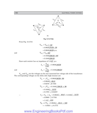 D-8N-SYSTEM1SYS13-3.PM6.5
352 ELECTRICAL POWER SYSTEMS
Vca1
Vbc1
Vab1
Van1
Vcn1
Vcn1
n
Vab2
Vbc2
Vca2
Van2
(b)
Fig. E.13.17(>)
From Fig. 13.17(b)
Van1
= Vab1 / − °
30
= 0.9646/ .
70 59 30
−
= 0.9646/ .
40 59 p.u.
and Van2
= Vab2 /30°
= 0.1846/ .
226 25 30
+ °
= 0.1846/ .
256 25
Since each resister has an impedance of 1.0/0° p.u.
Ia1
=
Van1
10 0
. / °
= 0.9646/ .
40 59
and Ia2
=
Van2
10 0
. / °
= 0.1846/ .
196 25°
Van1
and Van2
are the voltages on the star connected low voltage side of the transformer.
The corresponding voltages on the delta side (high tension) are
VA1
= – jVan1
= 0.9646/ .
40 59 90
−
= 0.9646/ .
− 49 41
= 0.6276 – j0.7325
VA2
= – jVan2
= 0.1846 / 256.25 + 90
= 0.1846/ .
− °
1375
= 0.1793 – j 0.04387
∴ VA = VA1
+ VA2
= 0.9646/ .
− 49 41 + 0.1846/ .
− °
13 75
= 0.8069 – j 0.7763
= 1.12/ .
− 43 9
VB1
= λ2VA1
= 0.9646/ .
− +
49 41 240
= – 0.9481 – j 0.1773
www.EngineeringBooksPdf.com
 