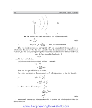 20 ELECTRICAL POWER SYSTEMS
D
D
R
I
I
Fig. 2.4 Magnetic field due to one conductor of a 1-φ transmission line.
H =
Ir
R
2 2
π
(2.13)
∴ B = µH = µ0H =
µ
π
0
2
2
I
R
. r (as µr = 1) for conductors.
This flux density as we see is varying with r. We can assume this to be constant over an
infinitesimal distance dr. The flux lines are in the form of circles concentric to the conductor.
Therefore, the flux lines passing through the concentric cylindrical shells of radii r and r + dr,
dφ = B . Area normal to flux density B
= Bdrl
where l is the length of wire.
In case the inductance per unit is desired, l = 1 metre.
∴ dφ = Bdr
=
µ
π
0
2
2
I
R
rdr
Now flux linkages = Flux × No. of turns.
Here since only a part of the conductor (r < R) is being enclosed by the flux lines dφ,
∴ dλ = dφ
r
R
2
2
F
H
G
I
K
J
=
µ
π
0
2
2
2
2
I
R
rdr
r
R
∴ Total internal flux linkages λ =
0
R
d
z λ
=
µ
π
0
4 0
3
2
I
R
r dr
R
z
=
µ
π
0
8
I
(2.14)
From this it is clear that the flux linkage due to internal flux is independent of the size
of the conductor.
www.EngineeringBooksPdf.com
 
