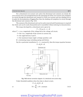 D-8N-SYSTEM1SYS14-1.PM6.5
PROTECTIVE RELAYS 367
For a directional over-current unit unless the directional unit contacts are closed, the
over-current unit is not energized because the operating coil of the over-current unit completes
its circuit through the directional unit contacts or if the over-current unit has shading coil on
its poles for the production of lagging flux; then the shading coil completes its circuit through
the directional unit contacts (Fig. 14.8).
The contacts of the directional unit can be easily removed and if maintenance is required
the whole unit can be easily dismantled and re-assembled without altering its characteristics.
The torque developed by a directional unit is given by
T = VI cos (θ – τ) – K (14.2)
where V = r.m.s. magnitude of the voltage fed to the voltage coil circuit,
I = the r.m.s. magnitude of the current in current coil,
θ = the angle between I and V,
τ = the maximum torque angle (a design quantity), and
K = restraining torque including spring and friction.
Say for a particular installation (θ – τ) = constant K1; then the torque equation becomes
T = K1VI – K
Directional unit
V
FIC
110 V DC
Overcurrent unit
Shading coil
Current
coil
I
Fig. 14.8 Internal connection diagram of a directional over-current relay.
Under threshold condition when the relay is about to start,
T = 0 = K1VI – K
or VI =
K
K1
= K′ = constant (14.3)
www.EngineeringBooksPdf.com
 