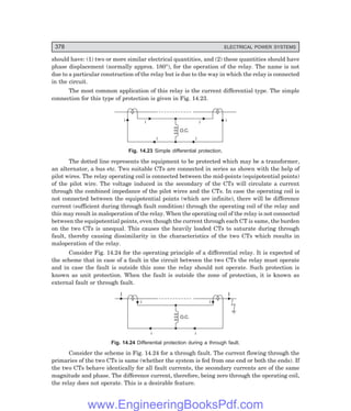 378 ELECTRICAL POWER SYSTEMS
should have: (1) two or more similar electrical quantities, and (2) these quantities should have
phase displacement (normally approx. 180°), for the operation of the relay. The name is not
due to a particular construction of the relay but is due to the way in which the relay is connected
in the circuit.
The most common application of this relay is the current differential type. The simple
connection for this type of protection is given in Fig. 14.23.
i i i i
O.C.
i i
Fig. 14.23 Simple differential protection.
The dotted line represents the equipment to be protected which may be a transformer,
an alternator, a bus etc. Two suitable CTs are connected in series as shown with the help of
pilot wires. The relay operating coil is connected between the mid-points (equipotential points)
of the pilot wire. The voltage induced in the secondary of the CTs will circulate a current
through the combined impedance of the pilot wires and the CTs. In case the operating coil is
not connected between the equipotential points (which are infinite), there will be difference
current (sufficient during through fault condition) through the operating coil of the relay and
this may result in maloperation of the relay. When the operating coil of the relay is not connected
between the equipotential points, even though the current through each CT is same, the burden
on the two CTs is unequal. This causes the heavily loaded CTs to saturate during through
fault, thereby causing dissimilarity in the characteristics of the two CTs which results in
maloperation of the relay.
Consider Fig. 14.24 for the operating principle of a differential relay. It is expected of
the scheme that in case of a fault in the circuit between the two CTs the relay must operate
and in case the fault is outside this zone the relay should not operate. Such protection is
known as unit protection. When the fault is outside the zone of protection, it is known as
external fault or through fault.
i i
O.C.
i i
I
I
Fig. 14.24 Differential protection during a through fault.
Consider the scheme in Fig. 14.24 for a through fault. The current flowing through the
primaries of the two CTs is same (whether the system is fed from one end or both the ends). If
the two CTs behave identically for all fault currents, the secondary currents are of the same
magnitude and phase. The difference current, therefore, being zero through the operating coil,
the relay does not operate. This is a desirable feature.
www.EngineeringBooksPdf.com
 