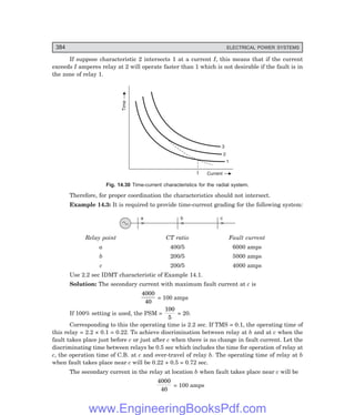 384 ELECTRICAL POWER SYSTEMS
If suppose characteristic 2 intersects 1 at a current I, this means that if the current
exceeds I amperes relay at 2 will operate faster than 1 which is not desirable if the fault is in
the zone of relay 1.
Time
Current
3
2
1
I
Fig. 14.30 Time-current characteristics for the radial system.
Therefore, for proper coordination the characteristics should not intersect.
Example 14.3: It is required to provide time-current grading for the following system:
a b c
Relay point CT ratio Fault current
a 400/5 6000 amps
b 200/5 5000 amps
c 200/5 4000 amps
Use 2.2 sec IDMT characteristic of Example 14.1.
Solution: The secondary current with maximum fault current at c is
4000
40
= 100 amps
If 100% setting is used, the PSM =
100
5
= 20.
Corresponding to this the operating time is 2.2 sec. If TMS = 0.1, the operating time of
this relay = 2.2 × 0.1 = 0.22. To achieve discrimination between relay at b and at c when the
fault takes place just before c or just after c when there is no change in fault current. Let the
discriminating time between relays be 0.5 sec which includes the time for operation of relay at
c, the operation time of C.B. at c and over-travel of relay b. The operating time of relay at b
when fault takes place near c will be 0.22 + 0.5 = 0.72 sec.
The secondary current in the relay at location b when fault takes place near c will be
4000
40
= 100 amps
www.EngineeringBooksPdf.com
 