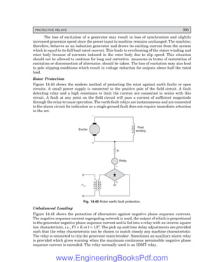PROTECTIVE RELAYS 393
The loss of excitation of a generator may result in loss of synchronism and slightly
increased generator speed since the power input to machine remains unchanged. The machine,
therefore, behaves as an induction generator and draws its exciting current from the system
which is equal to its full load rated current. This leads to overheating of the stator winding and
rotor body because of currents induced in the rotor body due to slip speed. This situation
should not be allowed to continue for long and corrective measures in terms of restoration of
excitation or disconnection of alternator, should be taken. The loss of excitation may also lead
to pole slipping conditions which result in voltage reduction for outputs above half the rated
load.
Rotor Protection
Figure 14.40 shows the modern method of protecting the rotor against earth faults or open
circuits. A small power supply is connected to the positive pole of the field circuit. A fault
detecting relay and a high resistance to limit the current are connected in series with this
circuit. A fault at any point on the field circuit will pass a current of sufficient magnitude
through the relay to cause operation. The earth fault relays are instantaneous and are connected
to the alarm circuit for indication as a single ground fault does not require immediate attention
to the set.
+
–
Relay
R
–
+
Exciter
Field
winding
Fig. 14.40 Rotor earth fault protection.
Unbalanced Loading
Figure 14.41 shows the protection of alternators against negative phase sequence currents.
The negative sequence current segregating network is used, the output of which is proportional
to the generator negative phase sequence current and is fed into a relay with an inverse square
law characteristic, i.e., I2t = K or t ∝ 1/I2. The pick up and time delay adjustments are provided
such that the relay characteristic can be chosen to match closely any machine characteristic.
The relay is connected to trip the generator main breaker. Sometimes an auxiliary alarm relay
is provided which gives warning when the maximum continuous permissible negative phase
sequence current is exceeded. The relay normally used is an IDMT relay.
www.EngineeringBooksPdf.com
 