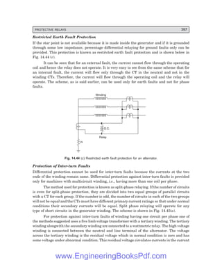 D-8N-SYSTEM1SYS14-3.PM6.5
PROTECTIVE RELAYS 397
Restricted Earth Fault Protection
If the star point is not available because it is made inside the generator and if it is grounded
through some low impedance, percentage differential relaying for ground faults only can be
provided. This protection is known as restricted earth fault protection and is shown below in
Fig. 14.44 (c).
It can be seen that for an external fault, the current cannot flow through the operating
coil and hence the relay does not operate. It is very easy to see from the same scheme that for
an internal fault, the current will flow only through the CT in the neutral and not in the
winding CTs. Therefore, the current will flow through the operating coil and the relay will
operate. The scheme, as is said earlier, can be used only for earth faults and not for phase
faults.
Winding
Relay
O.C.
R
Fig. 14.44 (?) Restricted earth fault protection for an alternator.
Protection of Inter-turn Faults
Differential protection cannot be used for inter-turn faults because the currents at the two
ends of the winding remain same. Differential protection against inter-turn faults is provided
only for machines with multicircuit winding, i.e., having more than one coil per phase.
The method used for protection is known as split-phase relaying. If the number of circuits
is even for split-phase protection, they are divided into two equal groups of parallel circuits
with a CT for each group. If the number is odd, the number of circuits in each of the two groups
will not be equal and the CTs must have different primary current ratings so that under normal
conditions their secondary currents will be equal. Split phase relaying will operate for any
type of short circuits in the generator winding. The scheme is shown in Fig. 14.45(a).
For protection against inter-turn faults of winding having one circuit per phase one of
the methods suggested uses a five limb voltage transformer with a tertiary winding. The tertiary
winding alongwith the secondary winding are connected to a wattmetric relay. The high voltage
winding is connected between the neutral and line terminal of the alternator. The voltage
across the tertiary winding is the residual voltage which in normal condition is zero and has
some voltage under abnormal condition. This residual voltage circulates currents in the current
www.EngineeringBooksPdf.com
 