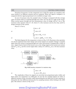D-8N-SYSTEM1SYS14-4.PM6.5
422 ELECTRICAL POWER SYSTEMS
Sampling Comparator: In this comparator one or both the signals are sampled at the
same instant or at different instants and are compared. When one signal is sampled, it is
compared with the signal proportional to its rectified (average) value.
In case of reactance relay the sampled value of voltage is compared with the average
value of current when it is passing through zero value. Let φ be the p.f. angle of the circuit.
When current passes through zero the instantaneous value of voltage will be V sin φ. The
reactance relay operates when X  K, where X is the reactance seen by the relay and K is
design reactance of the system.
Since X = Z sin φ,
∴ Z sin φ  K
or
V
I
sin φ  K
Vm
2
sin φ  KIav × 1.11
or Vm sin φ  2 KIav × 1.11  K′Iav
The block diagram for the comparator is shown in Fig. 14.76. Reactance relay operation
can also be explained when both voltage and current signals are sampled. Voltage is sampled
again when the current is passing through zero value and current is sampled after a delay of
say α. Again if power factor of the circuit is cos φ, the voltage signal at the current zero instant
will be Vm sin φm and the current signal after a delay of α will be Im sin α. For the reactance
relay,
I
Rectifier Averaging
Ia
Zero
crossing
detector
Polarity
detector
Difference
Sampling
circuit
Output
V
V sin – K
m av
f ¢I
V sin
m f
Fig. 14.76 Sampling comparator for reactance relay.
V
I
sin φ  K
or Vm sin φ  K′Im sin α
The amplitudes of these two signals are converted into proportional pulse widths and
these pulses are compared in an AND gate. In case the two sampled signals are taken at
different instants of time, the pulse width representing the one taken first in time sequence is
delayed by the time difference between the two sampling instants, before feeding to the AND
gate. The scheme is shown in Fig. 14.77.
www.EngineeringBooksPdf.com
 