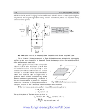 D-8N-SYSTEM1SYS14-4.PM6.5
426 ELECTRICAL POWER SYSTEMS
VH
VH
B
I
detection circuit, the RC charging circuit and the level detector circuit as in the previous phase
comparator. The output is positive during positive coincidence period and negative during
anticoincidence period.
Polarity
detector
R.C.
charging
circuit
Level
detector Output
i /2
2
i /2
2
Gating
signal
Operating
signal
i2
D4
i2
i1
D2
D1
D3
P
i1
Q
Fig. 14.82 Basic circuit of an integrating phase comparator using rectifier bridge AND gate.
Vector Product Phase Comparator: In these devices an output proportional to the vector
product of two input quantities is obtained. These devices operate on the principle of Hall
effect and magneto resistivity.
Hall effect comparator: This comparator
is based on Hall effect discovered by E.H. Hall.
The semiconductors normally used as Hall
element are indium antimonide and indium
arsenide. Of these the latter is considered as a
better Hall element. The basic principle of
operation of Hall element is shown in Fig. 14.83.
When a current I is passed along X-direction of
the Hall element which is placed in a magnetic
field in the Y-direction, a voltage known as Hall
voltage is induced in the Z-direction across the edges of the element.
If the two inputs are φ and I, and are sinusoidal quantities, given by
φ = φm sin ωt
I = Im sin (ωt – α)
the vector product of the two vectors is given by
VH = KφI sin 90° = KφmIm sin ωt sin (ωt – α)
=
K I
m m
φ
2
[cos α – cos (2ωt – α)]
Fig. 14.83 Hall effect phase comparator.
www.EngineeringBooksPdf.com
 
