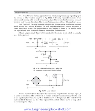 D-8N-SYSTEM1SYS14-4.PM6.5
PROTECTIVE RELAYS 435
Time Delay Circuits: Various types of circuits for obtaining time delay depending upon
the amount of delay required are given in Fig. 14.99. If the delay required is in terms of few
microseconds a delay cable is used; for medium delays of the order of milliseconds a resonant
circuit is used whereas for delays of the order of minutes or even hours RC circuits are used.
Level Detectors: The level detector compares an alternating or unsmoothed rectified
signal against a d.c. datum. Whenever the peak input exceeds the d.c. datum, an output is
there; otherwise it is zero. The simplest form of level detector is shown in Fig. 14.100, where
the input voltage must exceed the opposing bias voltage for any output.
Schmitt trigger circuit (Fig. 14.95) is another level detector circuit which is normally
used for the purpose.
(a) (b)
Input Input
Delayed
output
Output
Input
R
C
Output
(c)
Fig. 14.99 Time delay circuits; (a) a delay line;
(b) a resonant circuit; and (c) an R-C circuit.
Input
Bias
C
R
Trip relay
Fig. 14.100 Level detector.
Positive Feedback: When the output of a device is not proportional to the input signal, it
is said to be non-linear. This is the result of positive feedback which means output is fed back
to the input in phase with the input so that the input is strengthened. This leads to rapid
increase of both the input and the output signals which leads to what is known as snap action
in electromagnetic relays.
www.EngineeringBooksPdf.com
 