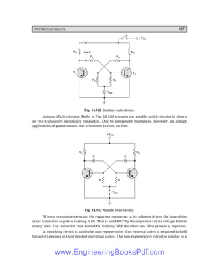 D-8N-SYSTEM1SYS14-4.PM6.5
PROTECTIVE RELAYS 437
S
+ VCC
RC
RC
R1 R1
C
T1 T2
R2
R2
VBB
Fig. 14.102 Bistable multi-vibrator.
Astable Multi-vibrator: Refer to Fig. 14.103 wherein the astable multi-vibrator is shown
as two transistors identically connected. Due to component tolerances, however, an abrupt
application of power causes one transistor to turn on first.
RC
RC
C
R
R
+VCC
C
+VCC
Fig. 14.103 Astable multi-vibrator.
When a transistor turns on, the capacitor connected to its collector drives the base of the
other transistor negative turning it off. This is held OFF by the capacitor till its voltage falls to
nearly zero. The transistor then turns ON, turning OFF the other one. This process is repeated.
A switching circuit is said to be non-regenerative if an external drive is required to hold
the active devices in their desired operating states. The non-regenerative circuit is similar to a
www.EngineeringBooksPdf.com
 